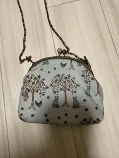 【ハンドメイド】がま口ショルダーバッグ／猫と木のナチュラル柄
