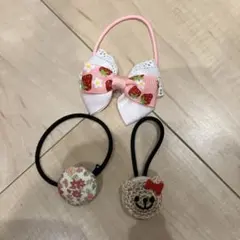 いちご柄リボンとクマデザインのヘアゴム3個セット