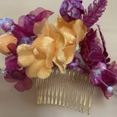 花飾り付きヘアコーム 紫 オレンジ