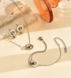 サージカルステンレス 3セット★czダイヤリング ピアスブレスレットネックレス