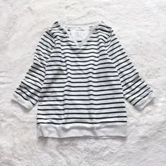 ボーダーVネックニットトップス リブ切替 カジュアル やわらか 着回し 春夏秋