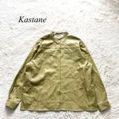 J5【カスタネ】フェイクレザーシャツジャケット　抹茶色　F ビックシルエット