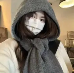バラクラバ　 マフラー　フード付き アクリル ニット　スヌード　グレー