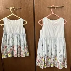 水色ストライプ花柄ノースリーブワンピース 姉妹おそろい 90㎝ 105㎝