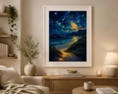 夜空星降る海への小径　星空と海岸のアート絵画