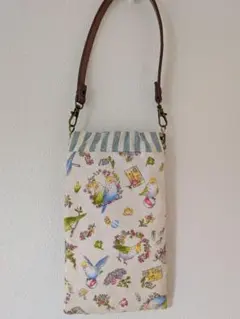 鳥と花のプリント バネ口スマホショルダーバッグ