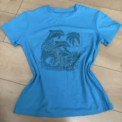 ブルー 半袖 ピチT Tシャツ イルカ ヤシの木 ラインストーン Y2K