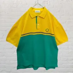 刺繍 ツートンカラー ポロシャツ レアボタン 半袖 イエロー グリーン ボーダー