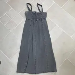 【FUN】フロントジップ デニム風サロペットワンピース グレー F