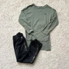 ロンT×ジャージパンツ セットアップ カーキ×黒 迷彩