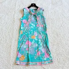 美品 希少 レオナール 膝丈ワンピース カンカン素材 花柄 ポウタイ