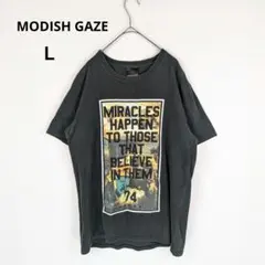 【MODISH GAZE】プリントTシャツ　ブラック系　Ｌ　半袖　綿100%