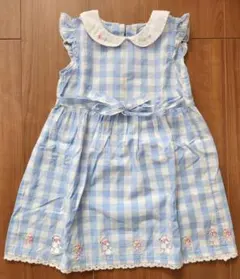 マザウェイズ 水色チェック柄フリル袖ワンピース 110cm