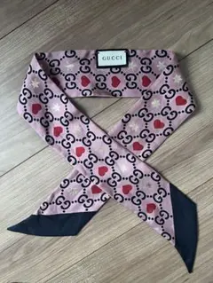 【お値下げ】GUCCI ツイリー リボン シルク スカーフ ピンク ネイビー