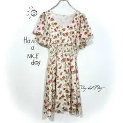 ロディスポット 花柄 ワンピース(M)総柄 シャーリングウエスト Uネック 半袖