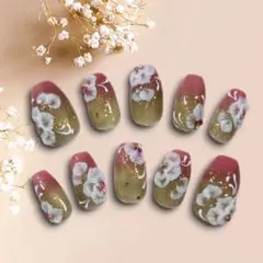 3D 花 グラデ ネイルチップ 和柄 振袖 結婚式 上品 グリーン ピンク 薔薇