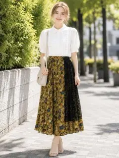 美品　LAYMEE 花柄 プリーツ ロングスカート レース切替のサムネイル