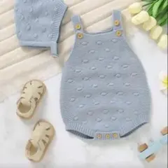 【1度使用】Vintaside 水色 ニットオーバーオールと帽子セット0-3ヶ月