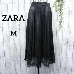 ザラ フェイクレザープリーツスカート M レース 裾 異素材 豪華 ブラック 黒