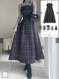 ベルト付きチェック柄フレアキャミワンピース[tg762] アイボリー