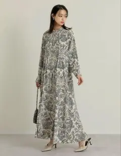 Re:EDIT◆ヴィンテージプリントフレアワンピース◆アイボリー×ブラック◆SC