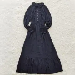 訳あり美品❉ ミスアシダ フリル襟ティアードワンピース マキシ丈 シャドー柄 L