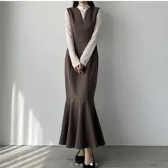 『Louere 深Vネック ツイードマーメイドワンピース』サイズL : ブラウン