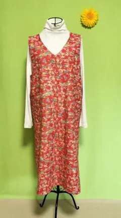 ハンドメイド　着物リメイク　ジャンパースカート　割烹着　エプロンドレス　紅型模様