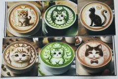 ラテアート　猫　ネコ　カフェラテ　可愛い　パネル生地　6枚セット
