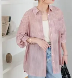 新品タグ付　DISCOAT シアーストライプシャツ　ピンク