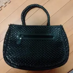 黒 編み込み レザーハンドバッグ