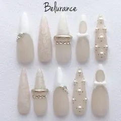 オーダーネイルチップ[NO40]レースリボンミニマルネイルビジューワンホン韓国