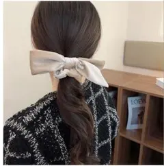 ベージュ ブラック　サテン リボン付きシュシュ　3点