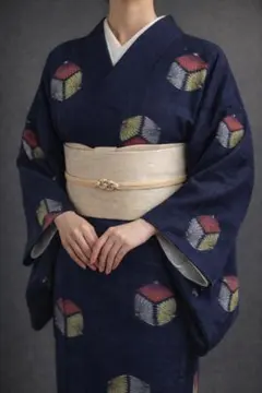 【Z4-8】着物 小紋 単衣 紺 小さいサイズ ～145㎝ 春夏のお出かけにも♪