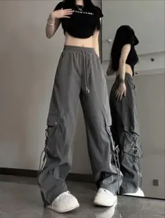 【完売品】SHEIN レースアップ カーゴパンツ ポケット グレー M