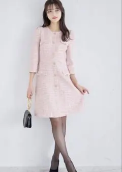 TOCCO CLOSET スノーフレーク飾り釦付きツイードワンピース ピンク