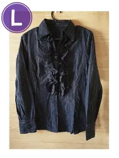 中古 コムサイズム シャツ ブラウス ブラック ストライプ ラメ フリル