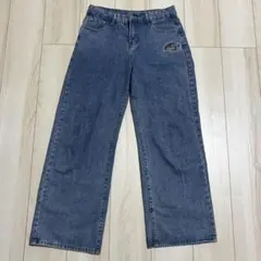 韓国風 ワイドデニムパンツ カジュアル ブルー M レディース ストレートデニム
