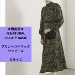 極美品　エヌナチュラルビューティーベーシック　春　ロングワンピース　Ｓ　黒×緑