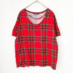 ザラ ZARA タータンチェック柄カットソー チョーカー風ネック 赤 Sのサムネイル