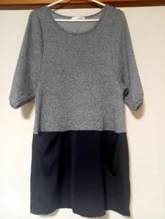 ニットチュニック　５分袖　グレーニットと黒サテン　春秋用　薄手　ゆったり