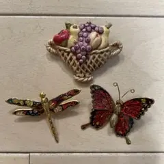 ブローチ　3点セット　蝶々　トンボ　フルーツバスケット　アンティーク　キラキラ