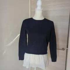 ネイビー 長袖ニット レイヤード風