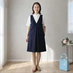 美品(M)イエナ　ヒザ丈ノースリーブワンピース　チュニック　日本製　ネイビーのサムネイル
