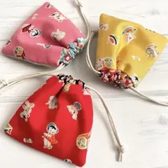 プチ巾着ポーチ 3個セット (レトロ　おもちゃ柄)ハンドメイド