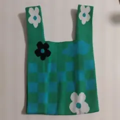 花柄チェックニットトートバッグ