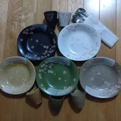 楕円形皿＆湯呑＆スプーン５客セット(桜柄•未使用品)
