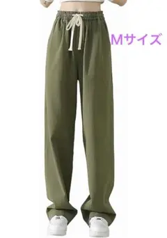 ワイドパンツ 綿麻 着痩せ 春 夏 秋 お出かけ 美脚パンツ 無地　カーキ
