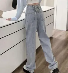 【新品・未使用】バックリボンデニム　デニムパンツ ライトブルー
