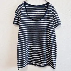 美品 マンゴ MNG ボーダー半袖Tシャツ 【L〜XL】柔らかコットン 濃紺×白のサムネイル